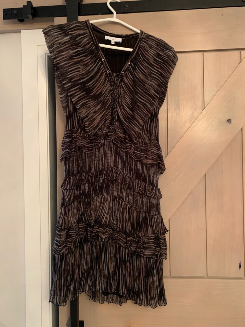 IRO Brown and Black Tiered Ruffle Mini Dress with Lace-Up V-Neck
